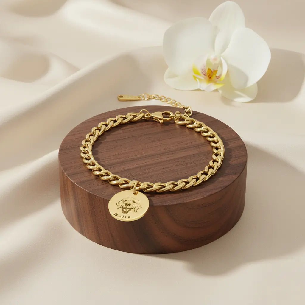 Engraved Pet Portrait Disc Bracelet – Custom Dog & Cat Jewelry in Gold, Silver or Rose Gold - MyFurHero